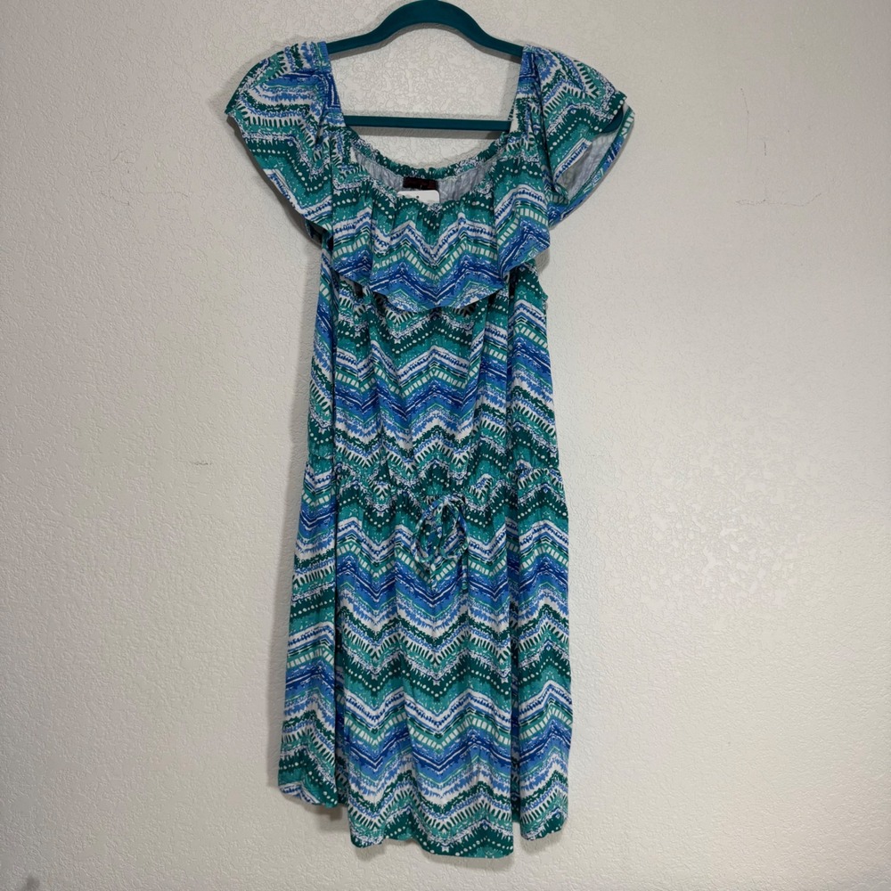 Women's‎ Off Shoulder Chevron Print Dress Sun Dress Flowy Blue Green Size L